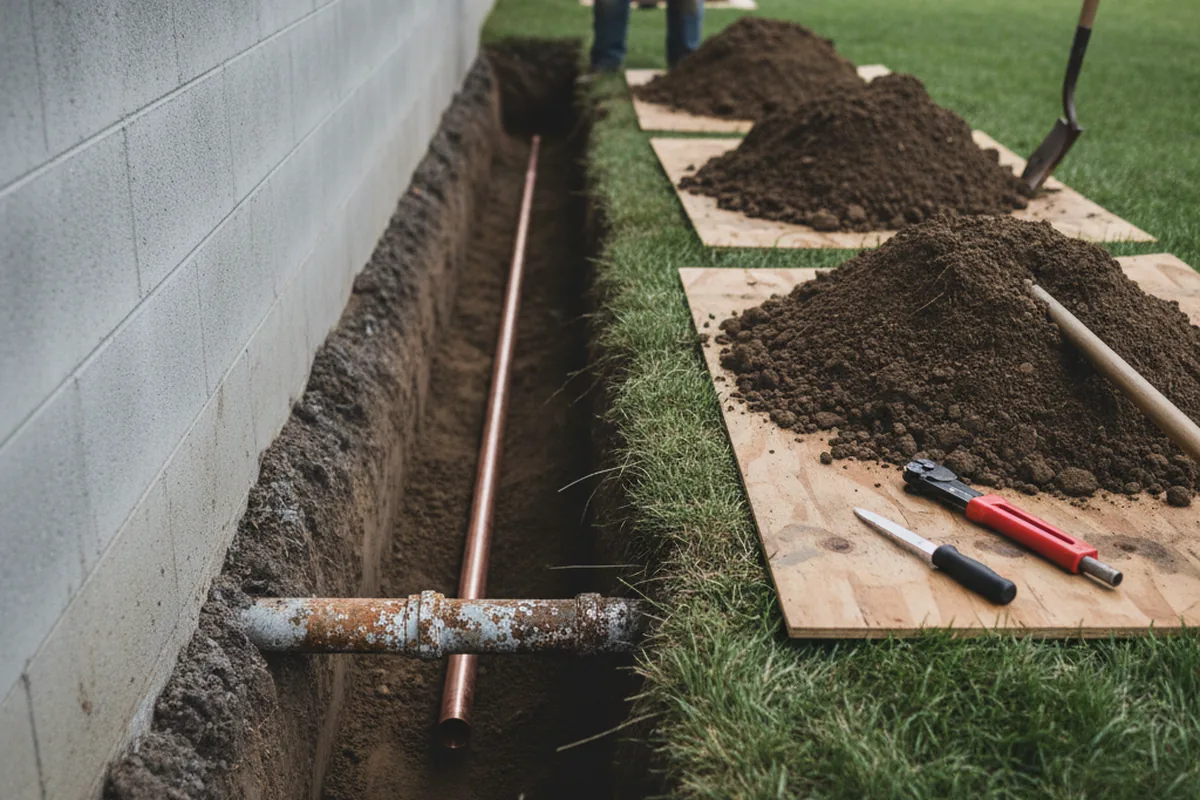Excavated water line trench during Water Heater Repair in Lebanon